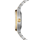 This side profile of the Raymond Weil A.R.T. Automatic Men's 38mm Watch 1000-STP-20001 highlights its sculpted architectural case, with polished bevels and satin-brushed surfaces creating contrast at every angle. At 9.95mm thick, the case maintains a sleek, wearable silhouette.