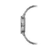 Side profile of the Raymond Weil Freelancer Women’s 34.5mm Automatic Watch 2490-STS-50051, showing the 9.3mm cushion-shaped stainless steel case and fluted crown with RW monogram. The five-row bracelet links connect cleanly to the case.