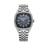 Raymond Weil Freelancer Women’s 34.5mm Automatic Watch 2490-STS-50051 shows its gradient blue dial with W guilloché pattern, framed by a lab-grown diamond-set bezel on a square stainless steel case. Luminous hands and indexes sit alongside the date window at three o’clock.