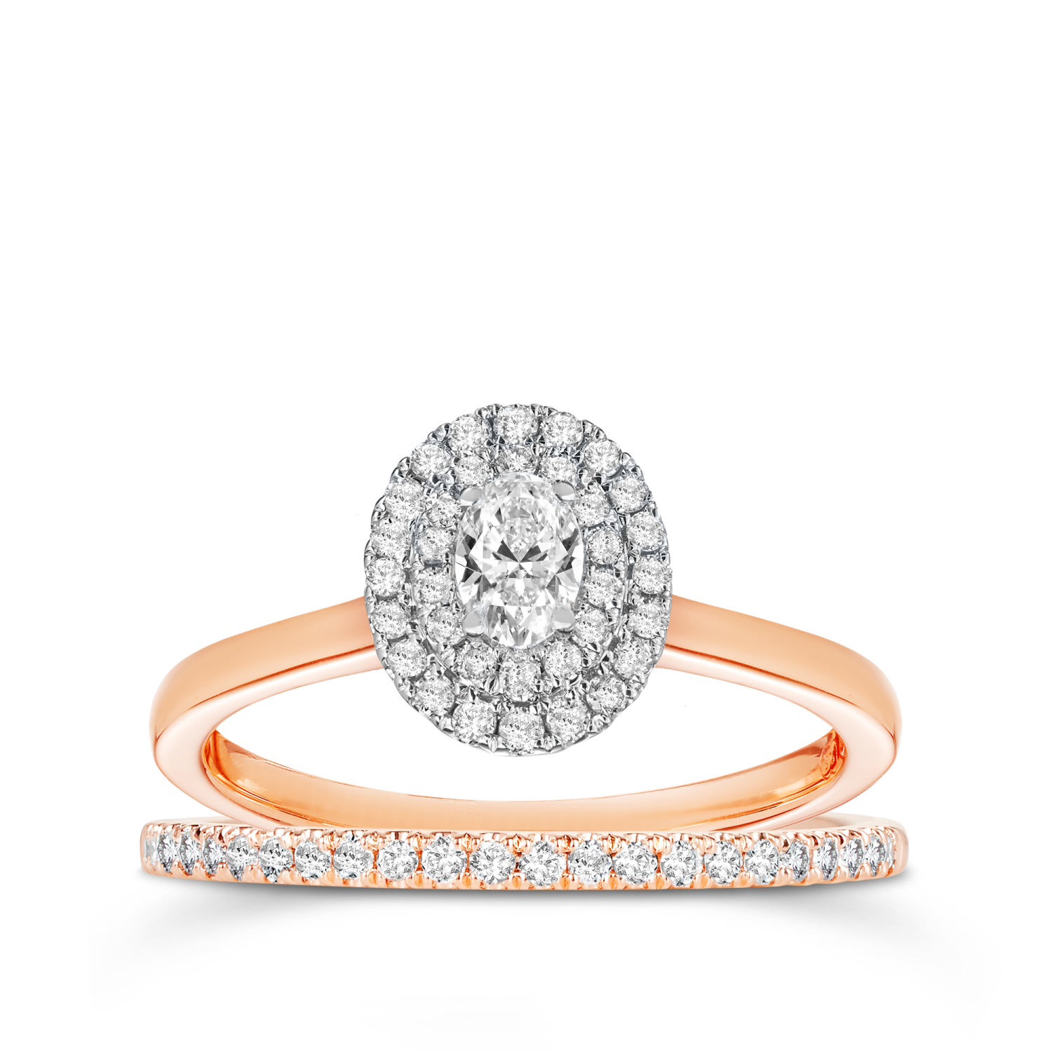 0.50ct TW Diamond Double Halo Oval Engagement & Bridal Set in 9ct Rose & White Gold