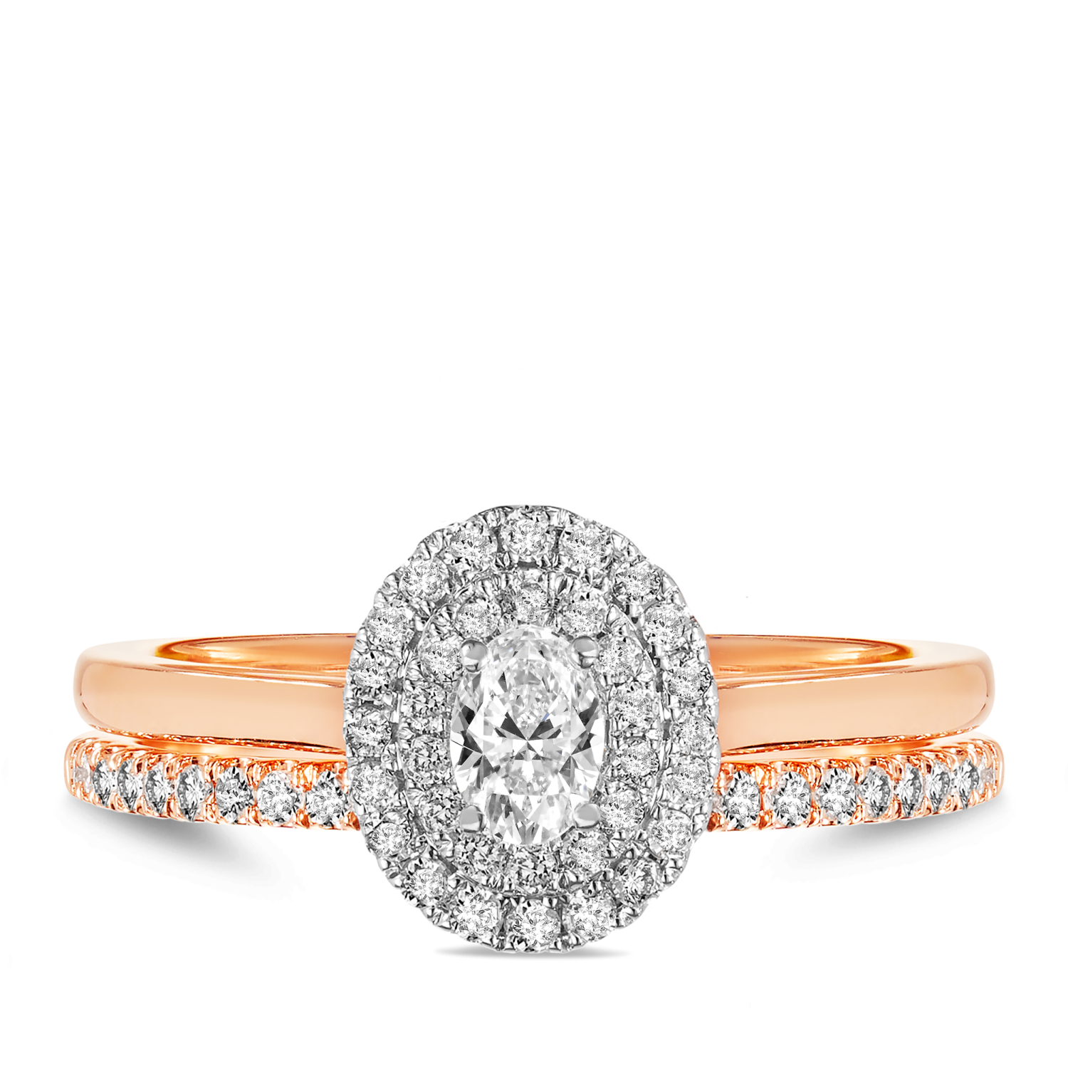 0.50ct TW Diamond Double Halo Oval Engagement & Bridal Set in 9ct Rose & White Gold
