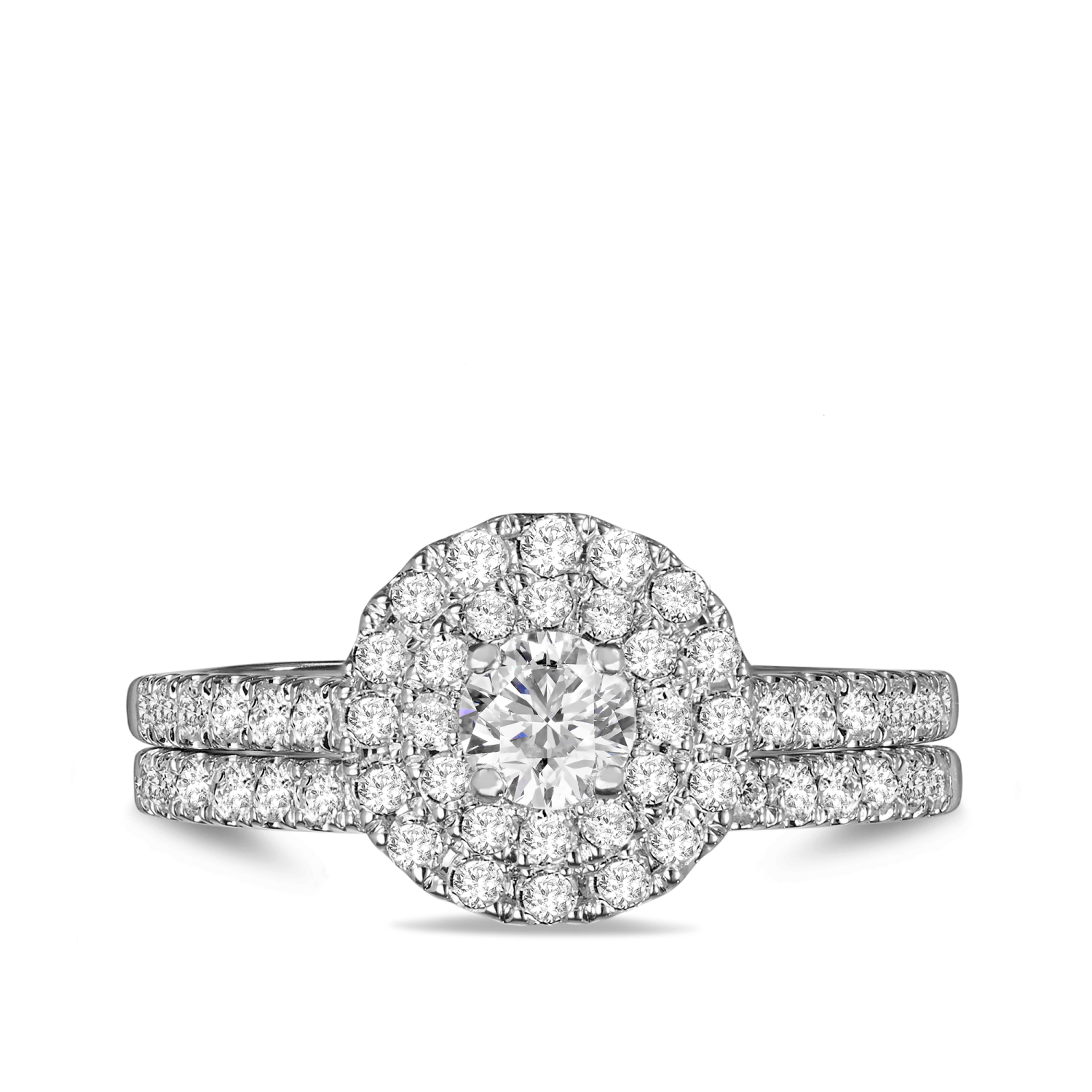 1.00ct TW Round Brilliant Cut Diamond Double Halo Engagement & Wedding Bridal Set in 9ct White Gold
