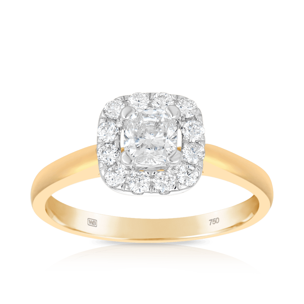 0.75ct TW Cushion Cut Diamond Halo Ring in 18ct Yellow Gold