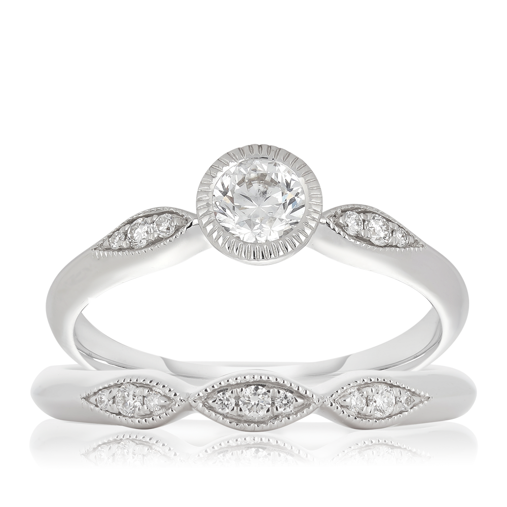 Round Cut Diamond Engagement & Wedding Bridal Set Rings in 18ct White Gold