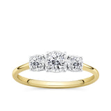 Front-on view of the Wallace Bishop 0.39 TDW Round Diamond Three Stone Engagement Ring in 9ct Yellow Gold, reference 11BRIL3STYWO, on a polished plain yellow gold band. The ring features three natural round cut diamonds set into white gold illusion settings.