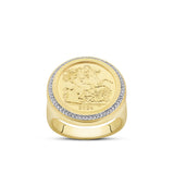 A 9ct yellow gold ring shown front on, with a 2024 half sovereign coin at the centre surrounded by a halo of natural round diamonds.