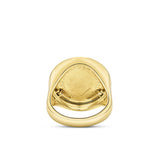 A 9ct yellow gold ring shown front on, with a 2024 half sovereign coin at the centre surrounded by a halo of natural round diamonds.