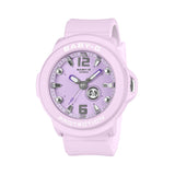 Casio Baby-G+PLUS BGA15K-4A front view, featuring the round pastel purple matte resin case with shimmering metal dial, Arabic numerals at 12 and 6 o'clock, rotating seven-design day display, three analogue hands, and matching pastel purple matte band — shown as a wristwatch