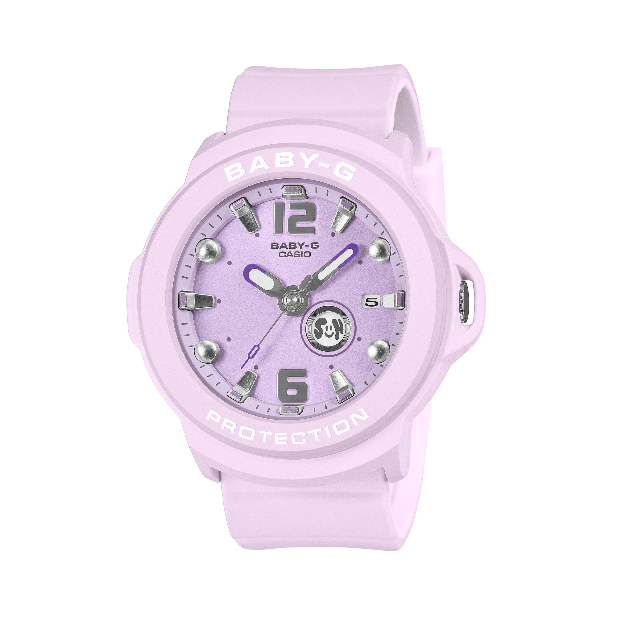 Casio Baby-G+PLUS BGA15K-4A front view, featuring the round pastel purple matte resin case with shimmering metal dial, Arabic numerals at 12 and 6 o'clock, rotating seven-design day display, three analogue hands, and matching pastel purple matte band — shown as a wristwatch