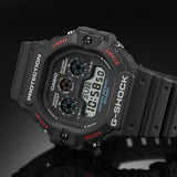 Casio G-SHOCK DW5900-1D digital watch with black resin band, triple graph display, and shock-resistant retro design.