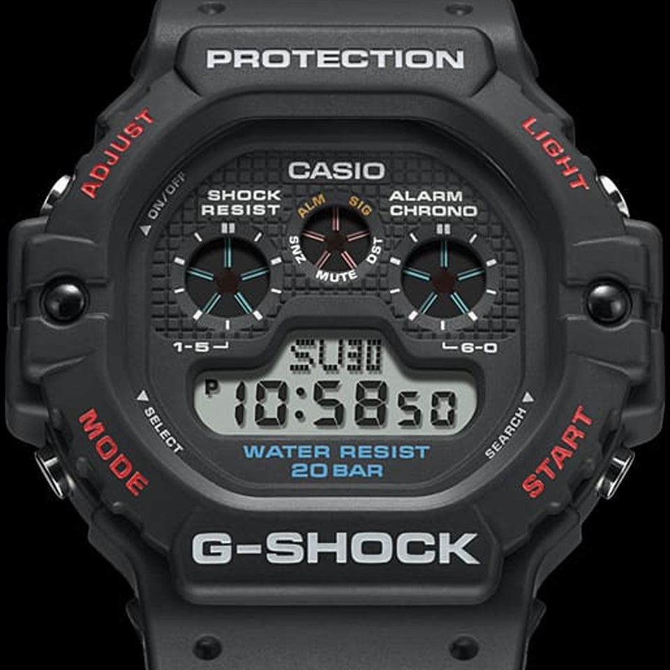 Casio G-SHOCK DW5900-1D digital watch with black resin band, triple graph display, and shock-resistant retro design.