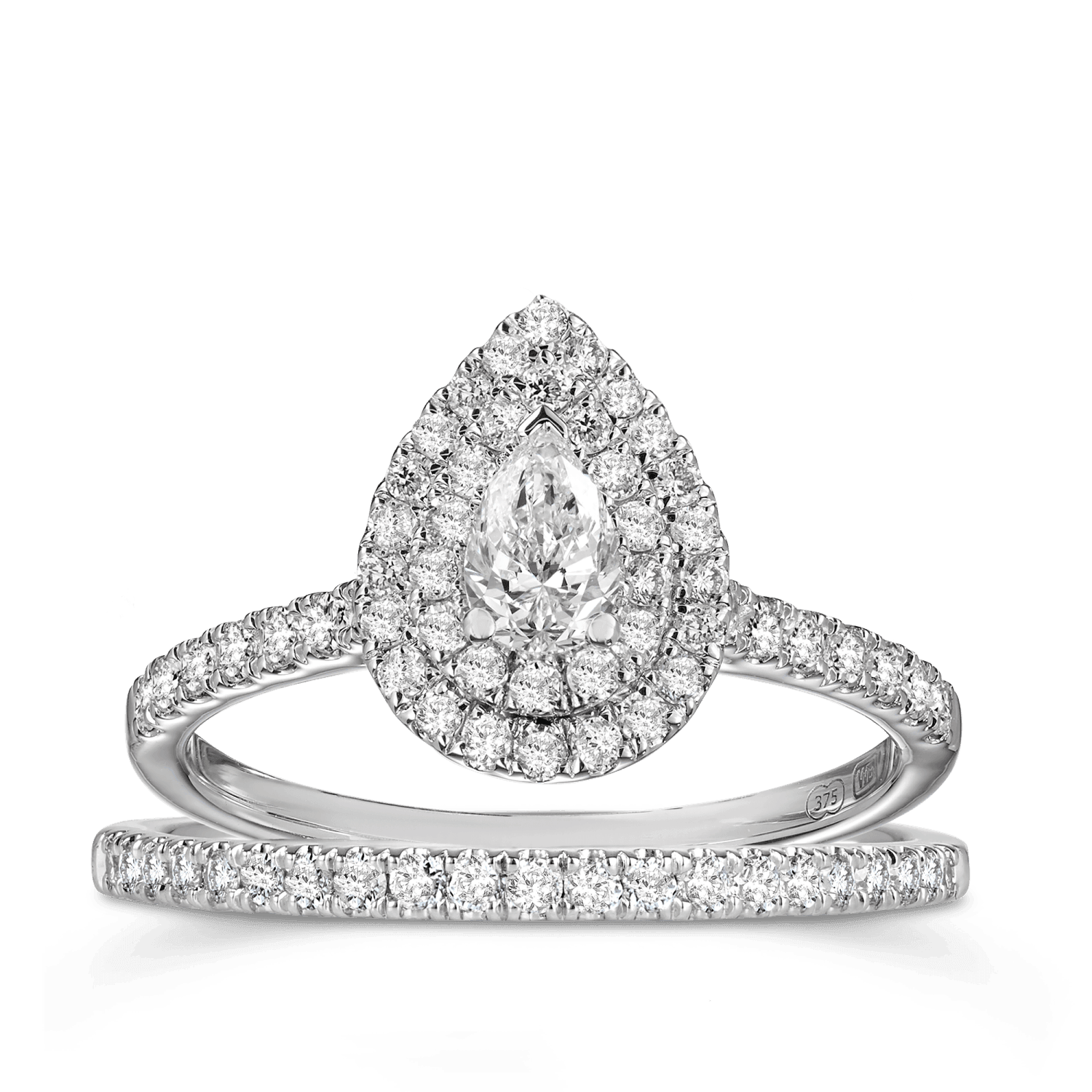 1ct TDW Pear Cut Diamond Double Halo Engagement & Wedding Bridal Set Rings in 9ct White Gold - Wallace Bishop