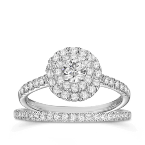 1ct TDW Round Brilliant Cut Diamond Double Halo Engagement & Wedding Bridal Set Rings in 9ct White Gold - Wallace Bishop