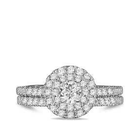 1ct TDW Round Brilliant Cut Diamond Double Halo Engagement & Wedding Bridal Set Rings in 9ct White Gold - Wallace Bishop