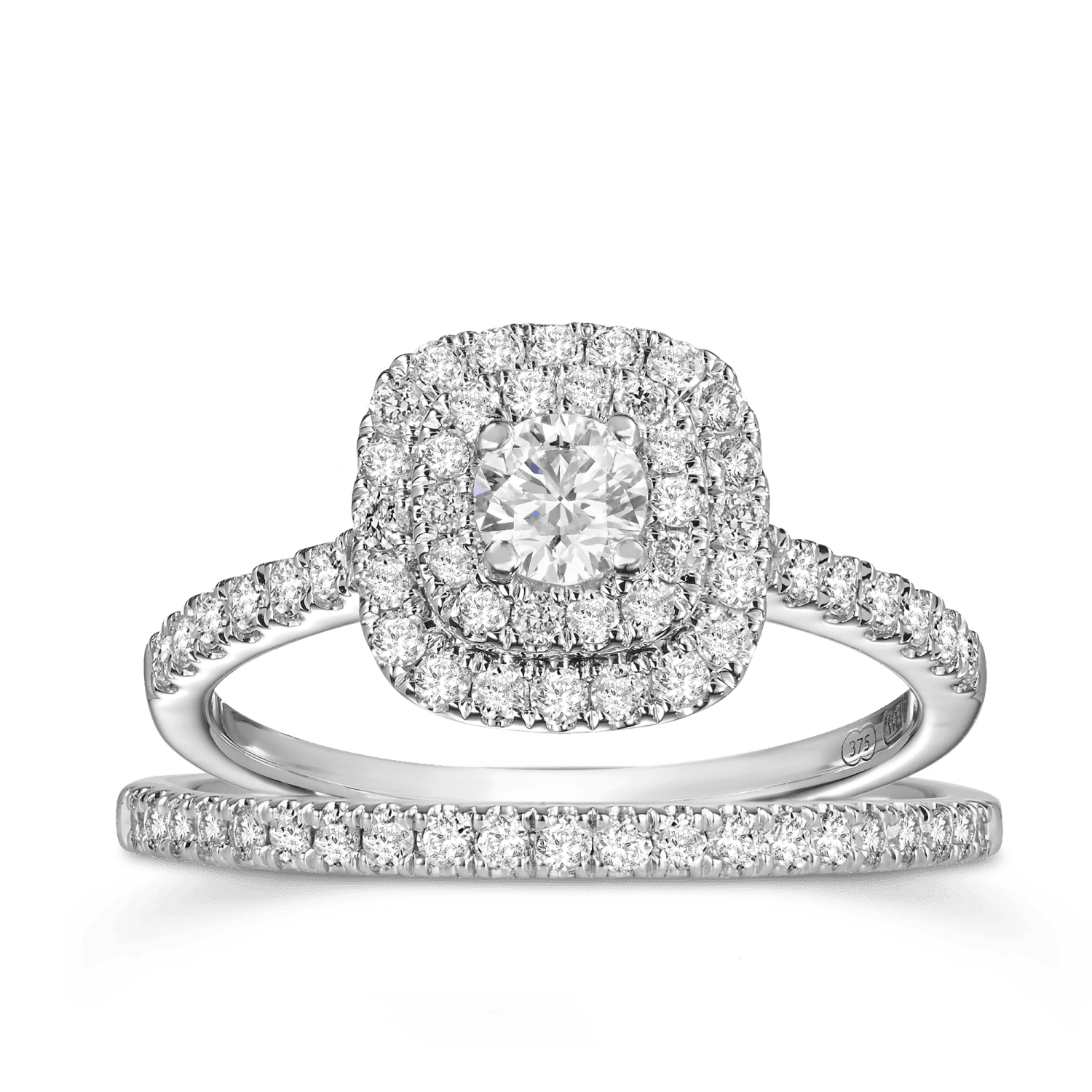 1.00ct TDW Round Brilliant Cut Diamond Cushion Double Halo Engagement & Wedding Bridal Set in 9ct White Gold