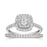 1.00ct TDW Round Brilliant Cut Diamond Cushion Double Halo Engagement & Wedding Bridal Set in 9ct White Gold
