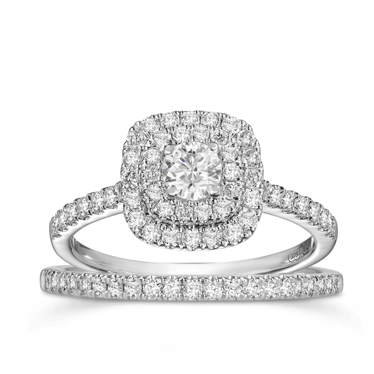 1ct TW Round Brilliant Cut Diamond Cushion Double Halo Engagement & Wedding Bridal Set Rings in 9ct White Gold - Wallace Bishop