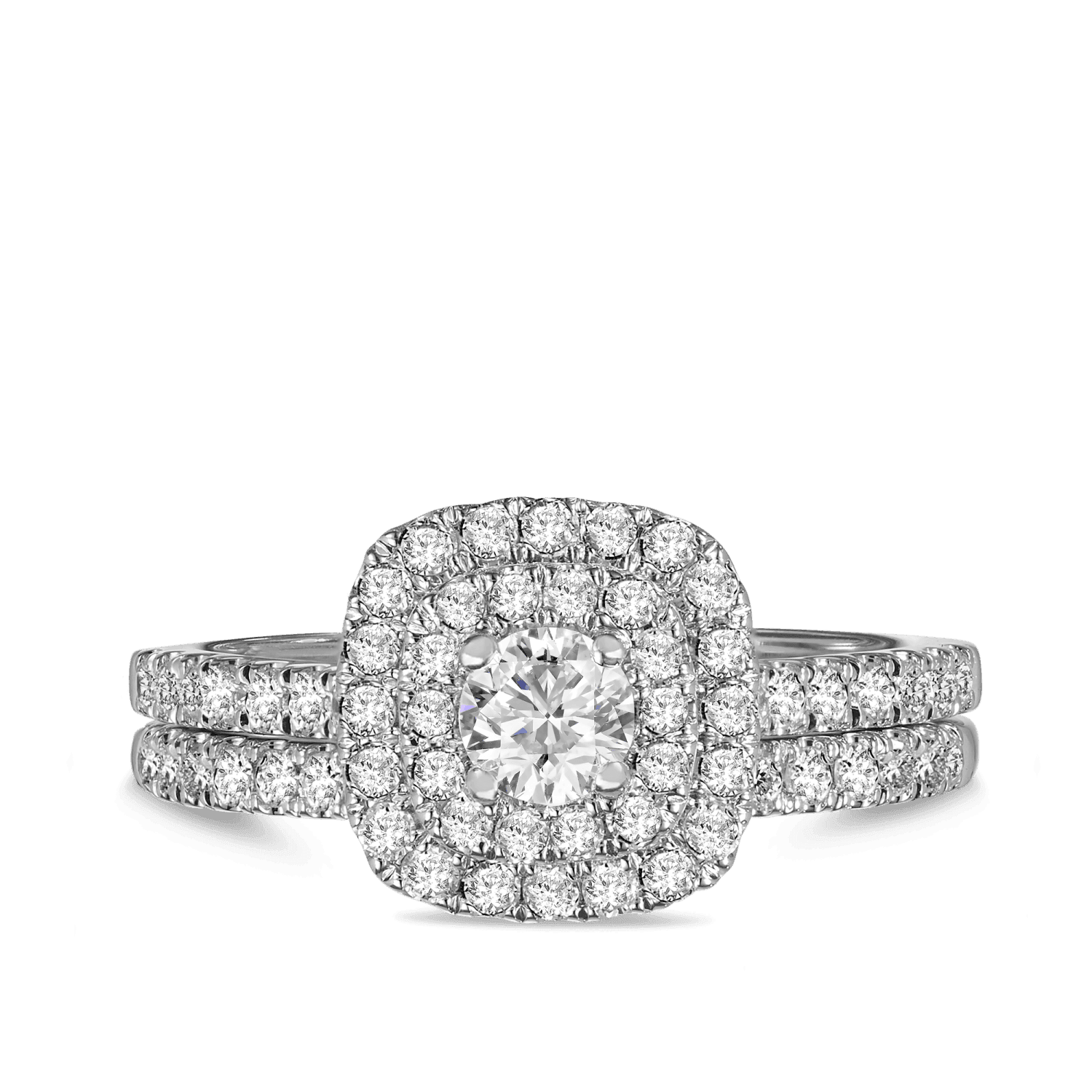 1.00ct TDW Round Brilliant Cut Diamond Cushion Double Halo Engagement & Wedding Bridal Set in 9ct White Gold
