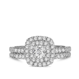 1.00ct TDW Round Brilliant Cut Diamond Cushion Double Halo Engagement & Wedding Bridal Set in 9ct White Gold