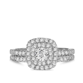 1ct TW Round Brilliant Cut Diamond Cushion Double Halo Engagement & Wedding Bridal Set Rings in 9ct White Gold - Wallace Bishop