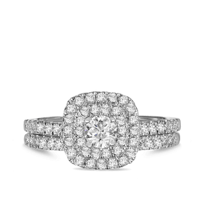 1ct TW Round Brilliant Cut Diamond Cushion Double Halo Engagement & Wedding Bridal Set Rings in 9ct White Gold - Wallace Bishop