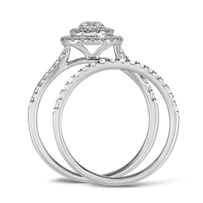 1ct TW Round Brilliant Cut Diamond Cushion Double Halo Engagement & Wedding Bridal Set Rings in 9ct White Gold - Wallace Bishop