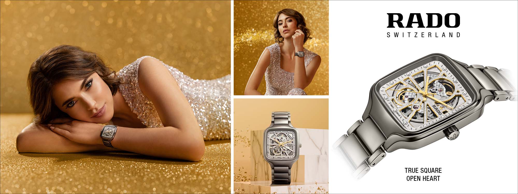 Collage of a woman wearing a Rado watch with close-ups and the brand logo.