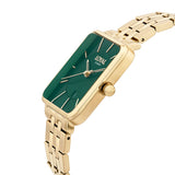 Three-quarter angle view of the Loyal Academy Gold Dress Watch, reference 03W72FBZ1, showing the rectangular case profile and bracelet construction. The 26.50mm case suits a petite wrist while making a statement from this angle.