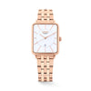 The Loyal Academy Rose Gold Dress Watch features a white dial with date function, framed by a Rose PVD rectangular case, reference 03W72FBZ1. This 26.50mm quartz watch pairs a bracelet strap with a mineral glass lens and 30m water resistance.