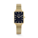 The Loyal Academy Gold Watch features a genuine Black Onyx stone dial, framed by a Gold PVD case, reference 05A77FB01. This 24.50mm quartz watch pairs a mesh bracelet with a mineral glass lens and 30m water resistance.