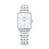 The Loyal Academy Steel Dress Watch features a white dial with date function, framed by a stainless steel rectangular case, reference 03W72FBZ1. This 26.50mm quartz watch pairs a bracelet strap with a mineral glass lens and 30m water resistance.