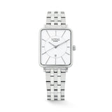 The Loyal Academy Steel Dress Watch features a white dial with date function, framed by a stainless steel rectangular case, reference 03W72FBZ1. This 26.50mm quartz watch pairs a bracelet strap with a mineral glass lens and 30m water resistance.