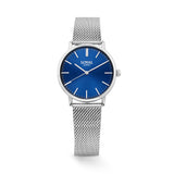 The Loyal Academy Steel Watch features a blue dial, framed by a stainless steel case, reference 03Y78FB02. This 32mm quartz watch pairs a mesh bracelet with a mineral glass lens and 30m water resistance.