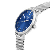 Three-quarter angle view of the Loyal Academy Steel Watch, reference 03Y78FB02, showing the case profile and mesh bracelet construction. The 32mm case sits comfortably on the wrist, suited to both everyday and dressier occasions, alongside the bonus brown leather strap included with this set.