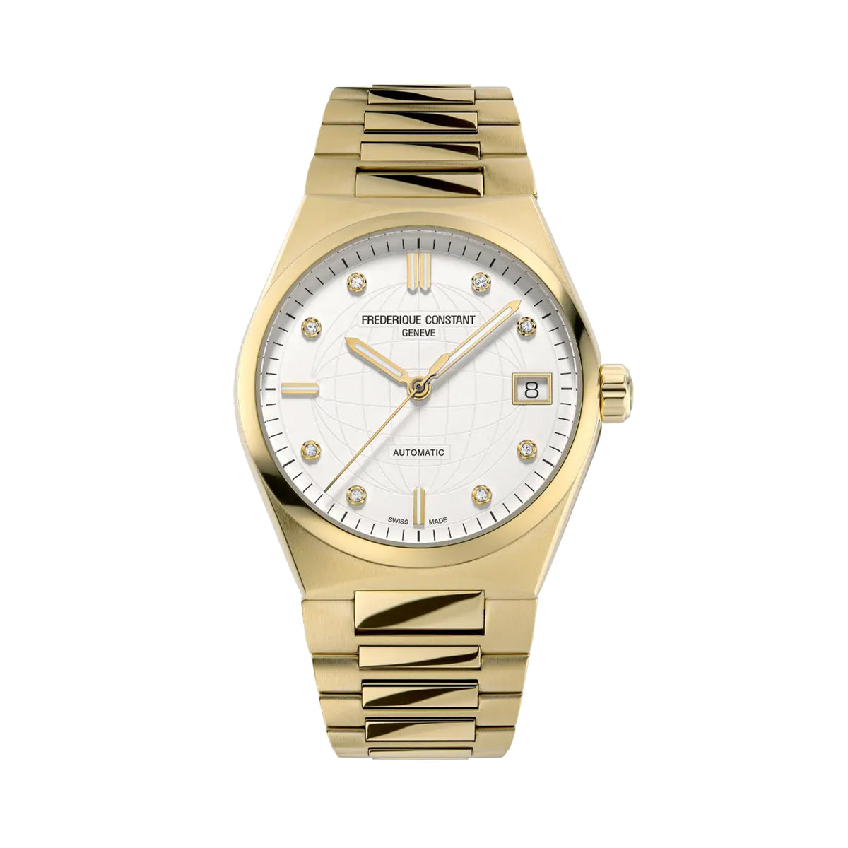 Frederique Constant Highlife Ladies Automatic Women's 34mm Watch FC-303VD2NH5B viewed front-on, showing the silver dial with a matt embossed globe pattern and diamond hour markers. The gold-tone stainless steel case and integrated bracelet frame the dial, with the date window sitting at 3 o'clock.