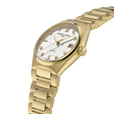 Frederique Constant Highlife Ladies Automatic Women's 34mm Watch FC-303VD2NH5B photographed at a three-quarter angle, highlighting the seamless integration between the case and bracelet. The gold-tone finish and diamond-set dial catch the light across the curved case profile.