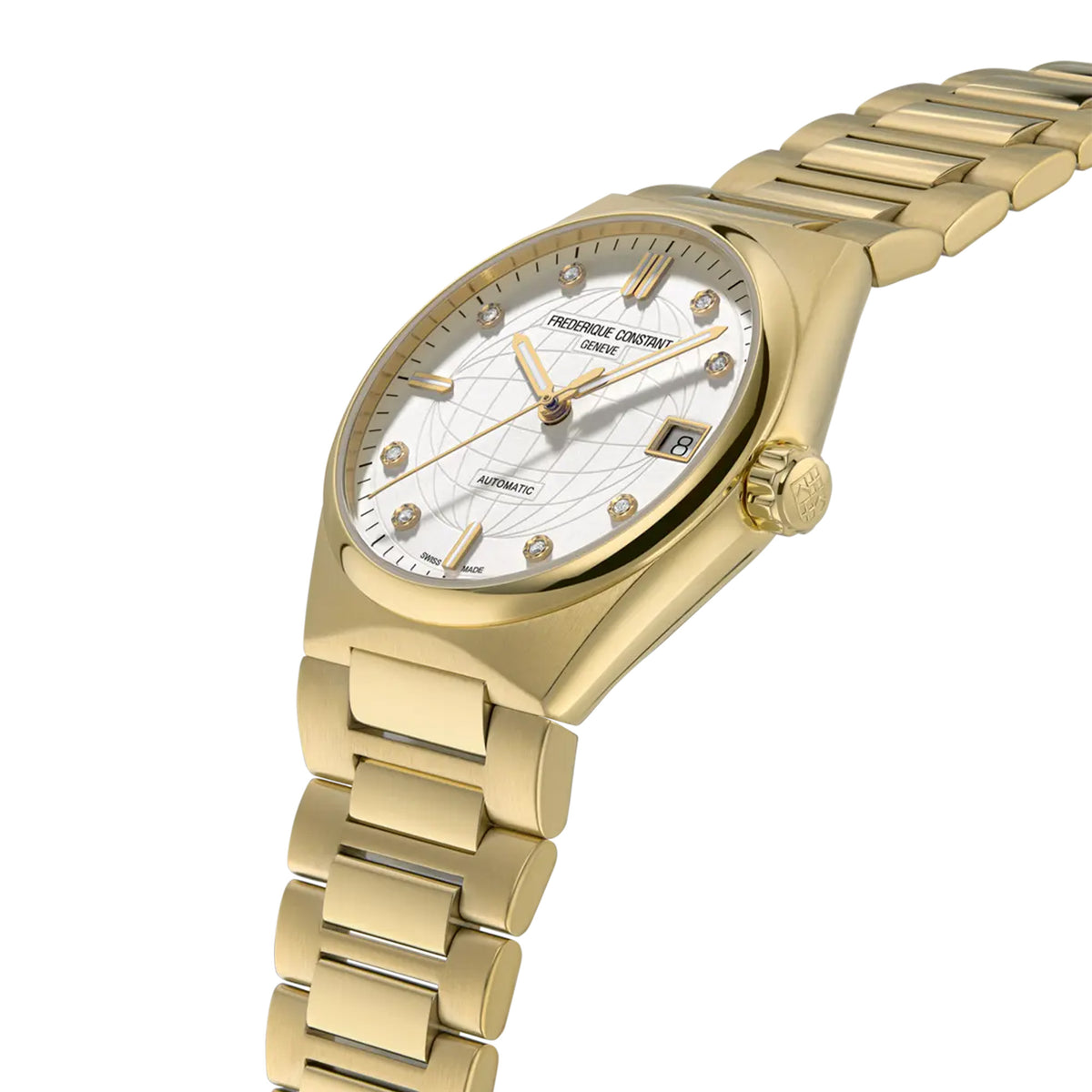 Frederique Constant Highlife Ladies Automatic Women's 34mm Watch FC-303VD2NH5B photographed at a three-quarter angle, highlighting the seamless integration between the case and bracelet. The gold-tone finish and diamond-set dial catch the light across the curved case profile.