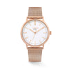 The Loyal Academy Rose Gold Watch features a white dial, framed by a Rose PVD case, reference 05C75MB01. This 39mm quartz watch pairs a mesh bracelet with a mineral glass lens and 30m water resistance.