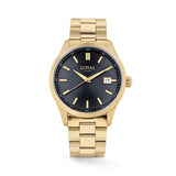 The Loyal Academy Gold Sports Watch features a black dial with date function, framed by a Gold PVD case, reference 03R85MBZ2. This 40mm quartz watch pairs a matching bracelet with a mineral glass lens and 100m water resistance.