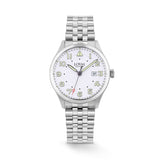 The Loyal Adventurer Pilot Watch features a white dial with luminous hands and markers, framed by a stainless steel case, reference 05C96MB01. This 40mm quartz watch pairs a stainless steel bracelet with a sapphire glass lens and 100m water resistance.