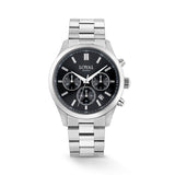 The Loyal Academy Steel Chronograph Watch features a black dial with chronograph sub-dials, framed by a stainless steel case, reference 03R85MBZ1. This 40mm quartz watch pairs a stainless steel bracelet with a mineral glass lens and 100m water resistance.