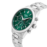 Three-quarter angle view of the Loyal Academy Steel Chronograph Watch, reference 03R85MBZ1, showing the case profile and stainless steel bracelet construction. The 40mm case and chronograph sub-dials are visible from this angle.