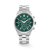 The Loyal Academy Steel Chronograph Watch features a green dial with chronograph sub-dials, framed by a stainless steel case, reference 03R85MBZ1. This 40mm quartz watch pairs a stainless steel bracelet with a mineral glass lens and 100m water resistance.