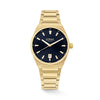 The Loyal Maritima Gold Watch features a black dial, framed by a Gold PVD case, reference 05D47MBA1. This 40mm quartz watch pairs a matching bracelet with a sapphire glass lens and 100m water resistance.