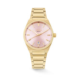 The Loyal Maritima Gold Watch features a pink dial, framed by a Gold PVD case, reference 05D47MBA1. This 40mm quartz watch pairs a matching bracelet with a sapphire glass lens and 100m water resistance.