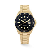 The Loyal Conqueror Gold Watch features a black dial, framed by a Gold PVD case with black ceramic bezel, reference 05C93GB01. This 44mm quartz watch pairs a matching bracelet with a sapphire glass lens and 200m water resistance.