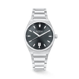 The Loyal Maritima Steel Watch features a gunmetal grey sunray dial, framed by a stainless steel case, reference 05D47MBA1. This 40mm quartz watch pairs a stainless steel bracelet with a sapphire glass lens and 100m water resistance.
