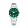 The Loyal Maritima Steel Watch features a green dial, framed by a stainless steel case, reference 05D47MBA1. This 40mm quartz watch pairs a stainless steel bracelet with a sapphire glass lens and 100m water resistance.
