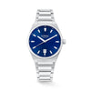 The Loyal Maritima Steel Watch features a blue dial, framed by a stainless steel case, reference 05D47MBA1. This 40mm quartz watch pairs a stainless steel bracelet with a sapphire glass lens and 100m water resistance.