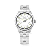 The Loyal Adventurer Field Watch features a white dial with luminous hands and markers, framed by a stainless steel case, reference 05C97MBA1. This 40mm quartz watch pairs a stainless steel bracelet with a single-domed sapphire crystal and 100m water resistance.
